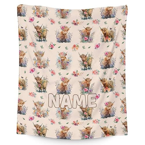 Mercuryelf Custom Highland Cow Throw Blanket - Soft, Fuzzy & Warm - 50x60 Inches Flannel Blankets for Living Room, Sofa - Beige Cute Throws Gift for Teens