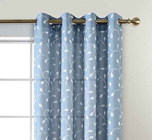 Miuco Floral Embroidered Semi Sheer Curtains Faux Linen Grommet Window Curtain For Living Room 52 X 84 Inch 2 Panels, Dusty Blue #TOP2