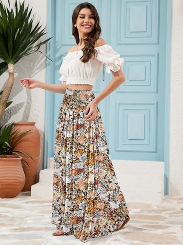 Womens Maxi Skirt High Waist Smocked Boho Flowy Print Casual Floral Long Skirts4