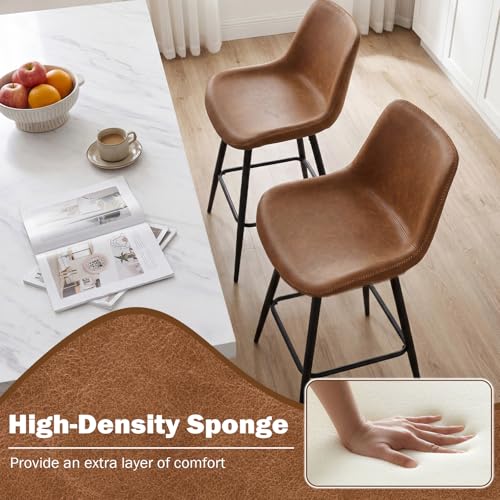 Taburetes de bar COSTWAY de cuero sintético, sillas altas de 24 pulgadas con respaldo ergonómico y reposapiés, patas metálicas resistentes, para isla de cocina o bar, fácil montaje, marrón + negro (juego de 2) miniatura 6