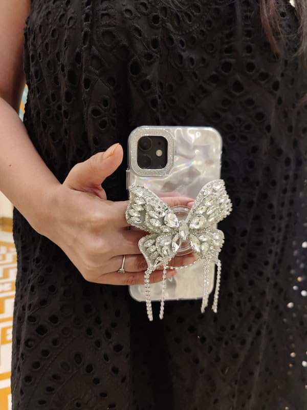 Image of COVERLY for iPhone 12 Pro 3D Butterfly Tassel Diamond Holder Stand Wrinkle Artistic Phone Case, Luxury Rhinestone Glitter Bride Water Ripple Lens Protection Holographic Cover for Apple iPhone 12 Pro