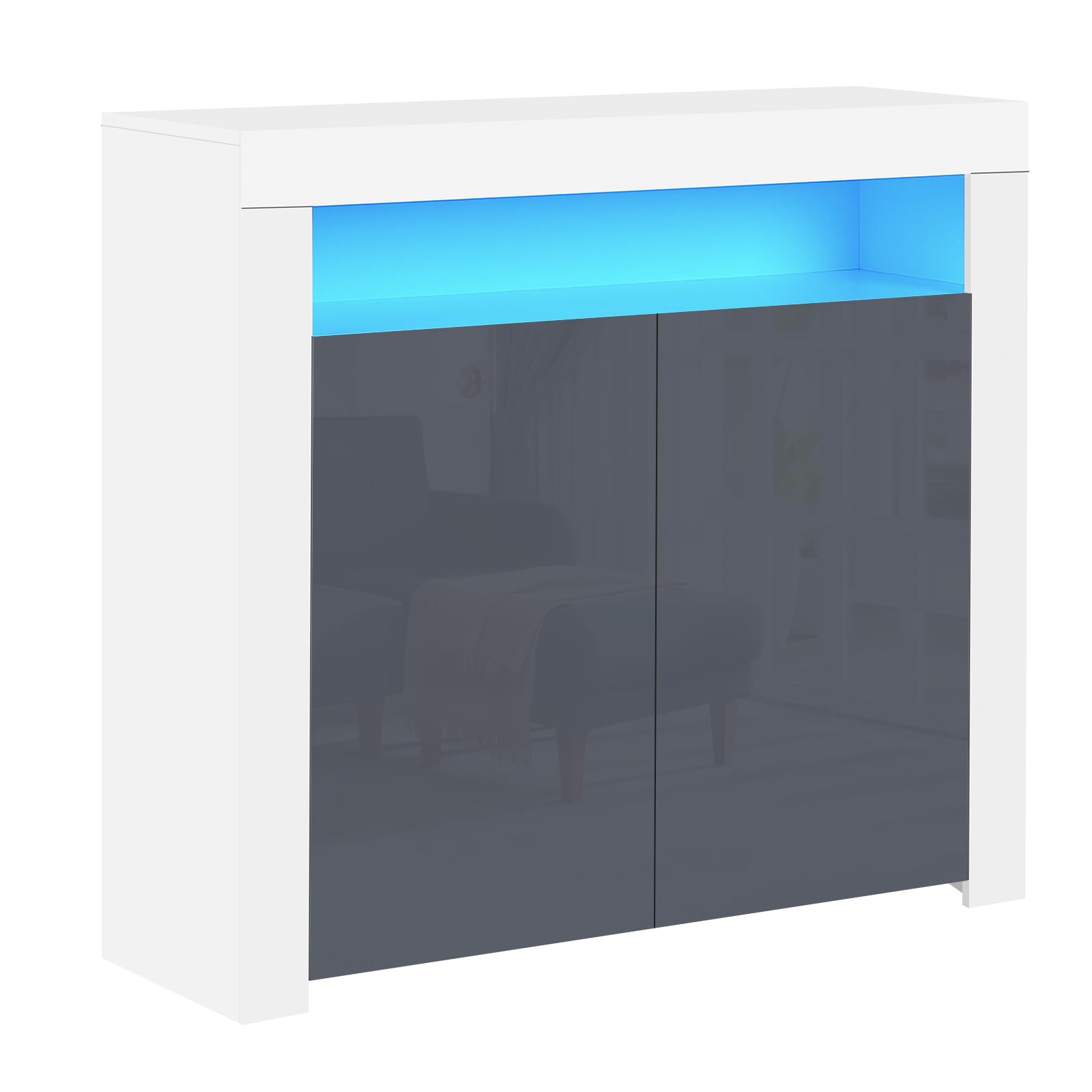 Panana High Gloss Front 2 Doors Storage Sideboard Living Room Cupboard with LED Light in White Matt Body (White/Grey)