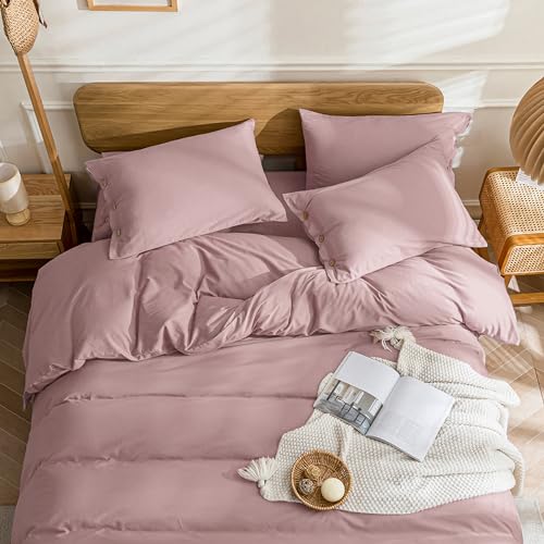 Image of JELLYMONI Cotton Duvet Cover Cal King Size - Pink Comforter Cover with Button 100% Washed Cotton 3PCS Breathable Soft Solid Bedding Set Duvet Cover 104x98in & 2 Pillowcases (NO Comforter)