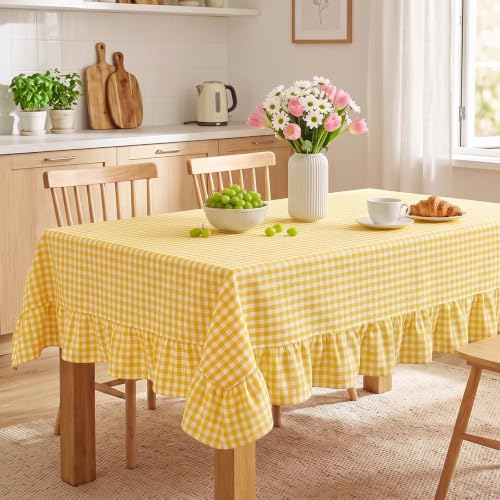 Mindsoft Yellow Gingham Ruffled Tablecloth,60 x 120 Inches,Rectangle