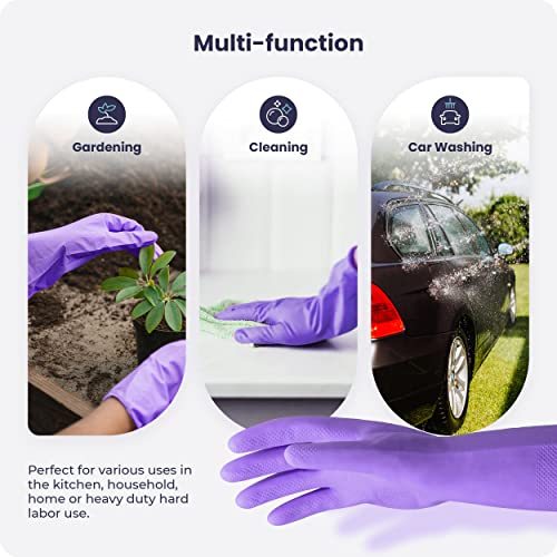 FMP Brands Cleaning Gloves - 12 Pairs Non-Slip, Waterproof Reusable Latex Dish Gloves for Kitchen, Bathroom, Household, Gardening (Medium, Purple)