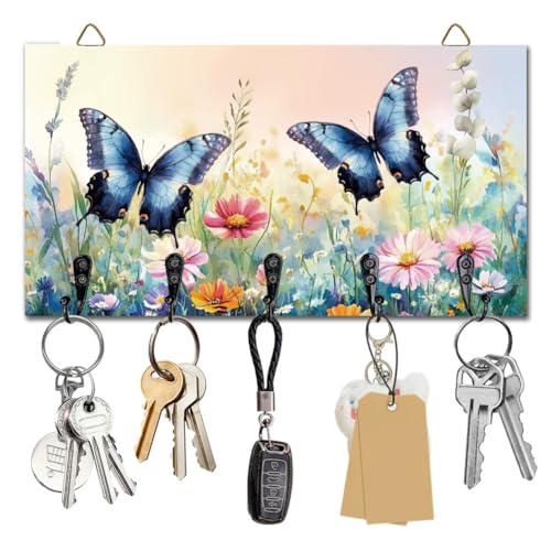 DELORIGIN Flowers Butterfly Key Holder Key Hooks Wall Mounted Wooden Key Racks Key Storage Organizer Hanger with 5 Key Hooks House Key Holder for Wall Decor Door Entryway Hallway Kitchen New Home Gift