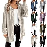 Strickjacke Damen Lang Gerippt Strick Cardigan mit Kapuze Elegant Strickjacken Einfarbig Zipper Longcardigan Lässig Dünne Langärmelig Modisch Einfarbig Strickjacke für Frühlings und Herbstmäntel