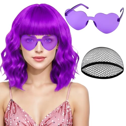 PLULON Purple Wig with Heart Sunglasses for Women Short Wavy Bob Curly Wigs with Bangs Synthetic Hair Daily Hairpieces for Girls Cosplay Valentines Day Bachelorette Costume Birthday Party Musicals