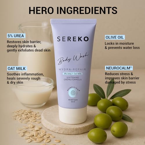 Image of SEREKO 5% Urea & Oat Milk Body Wash 30ML | For Strawberry skin, De-tan, Body-acne| Body Wash for Men & Women | AHA BHA free, paraben free, SLS free | Gentle Exfoliating | Very dry & flaky skin