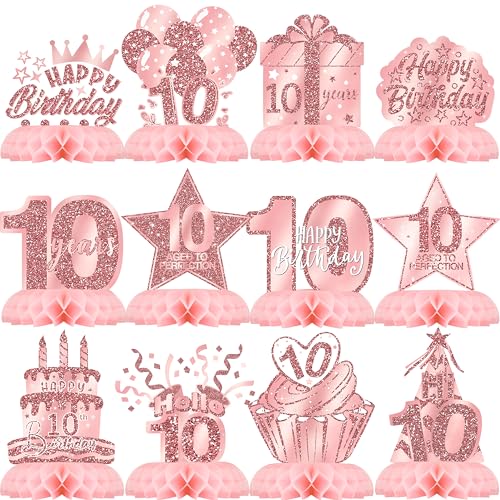 10th Birthday Decorations for Girls – 12PCS Rose Gold Honeycomb Table Centerpieces – Pink Rose Gold Party Supplies for 10 Year Old Girl Celebration by Celee - Used condition - US$6.63