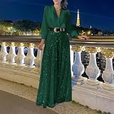 Eleganter Damen-Jumpsuit mit weiten Beinen, Pailletten-Spleißen und lockerem V-Ausschnitt Falten für Abend- und Partyeinrichtungen (M Dunkelgrün)