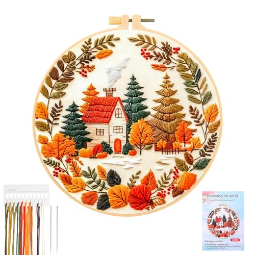 JSRQT Kit de Inicio de Bordado,Casa de Otoño Bordar a Mano Kit Principiantes, Kit de Herramienta de Punto Cruz a Mano para Adulto Principiantes