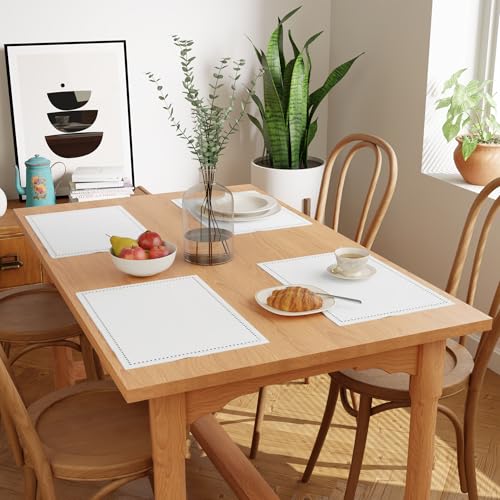 Image of Encasa XO Table Mats Set of 4 | Pure Cotton Hemstitched Design | White | Rectangular Size 48x32 cm - Dining Placemat | Machine Washable
