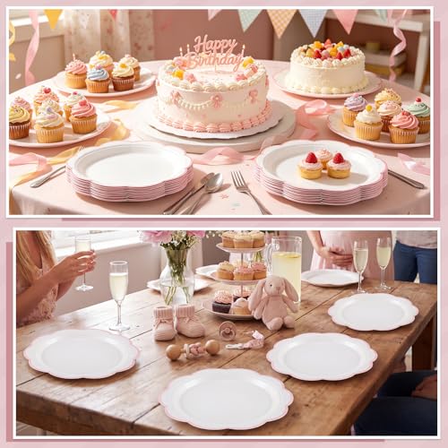 Image of NatNarr 30 Pcs Pink and White Paper Plates, 9 Inch White Plates with Pink Trim Scalloped Paper Plate Disposable for Baby Shower, Wedding, Bridal Shower, Birthday