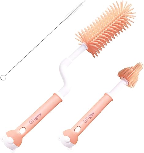Miniatura 6 de Oligey Juego de cepillos de silicona para biberones que limpia el pezón o popote de recipiente profundo con mango largo de rotación, kits de