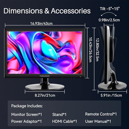 Image of Thinlerian 17.3 Inch Computer Monitor, HD 1600x900 Display, HDMI VGA Monitor, Build-in Speakers, 60Hz, 5Ms, VESA Mountable, PC Monitor, Black