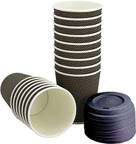 Signature Packaging Ripple Hot Cups with Lids for Coffee and Takeaway Drinks - Triple Wall Insulated Disposable Cups - 25 12 oz Cups and 25 White Leak Proof Lids