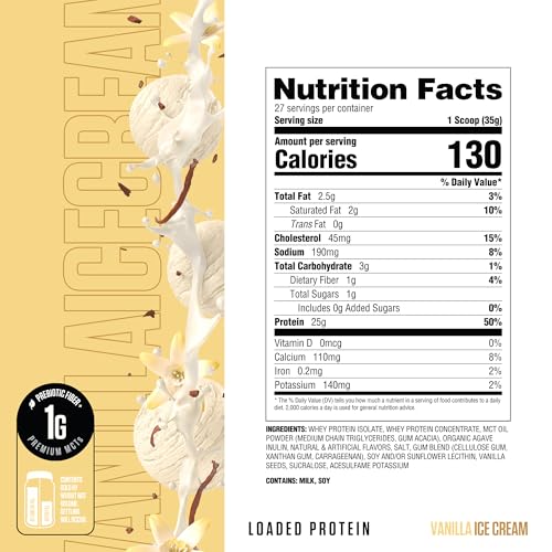 Image of RYSE Loaded Protein Powder - Vanilla Ice Cream - 25g Whey Protein Isolate & Concentrate with Prebiotic Fiber & MCTs - Low Carb, Low Sugar, Digestive-Friendly - 27 Servings / 2 lb Tub