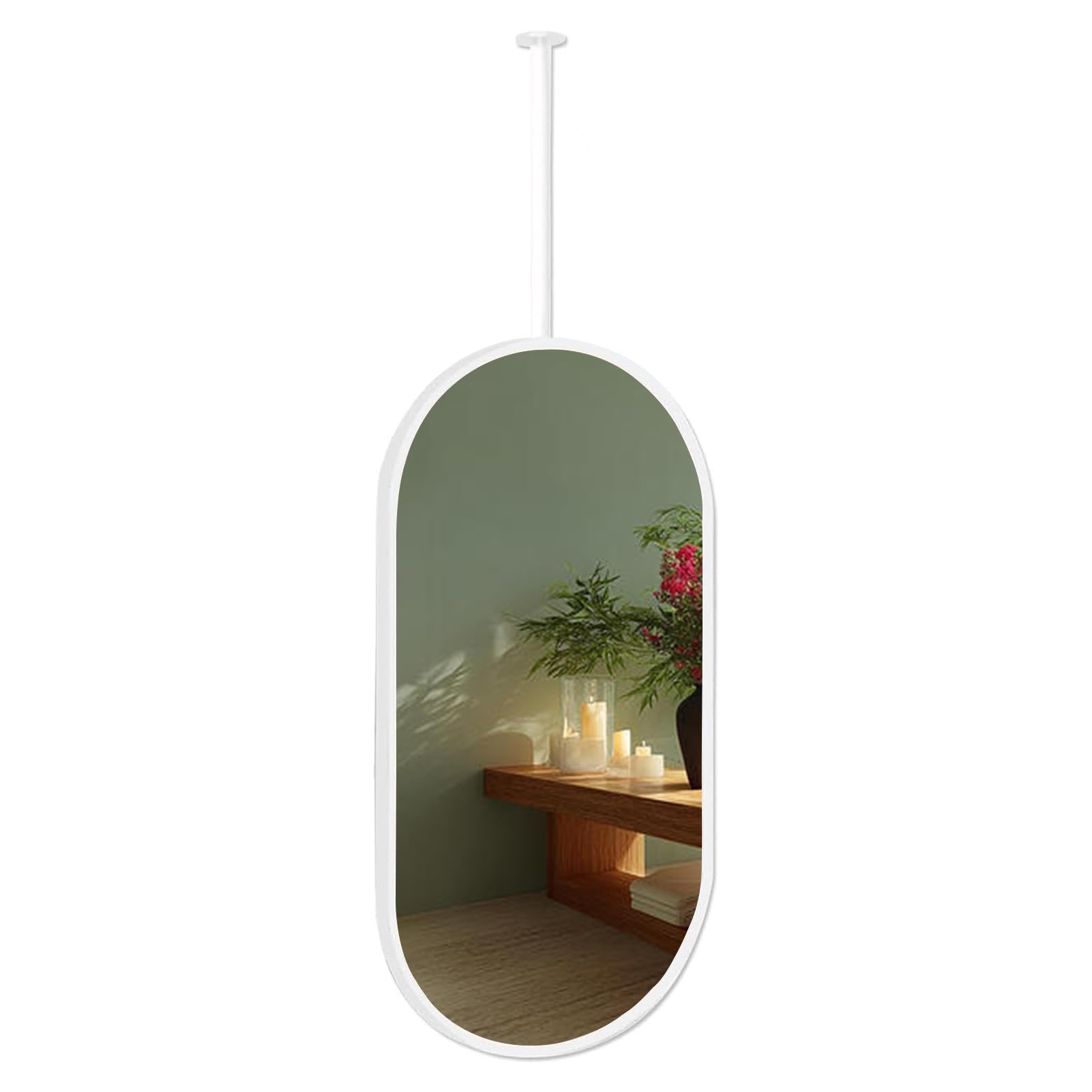 MESOVFCA Mirror for Ceiling Mount Clear Practical HD | Modern Oval Hanging Rod Mirrors Bathroom Vanity Makeup Mirror - White(60cmx90cm)