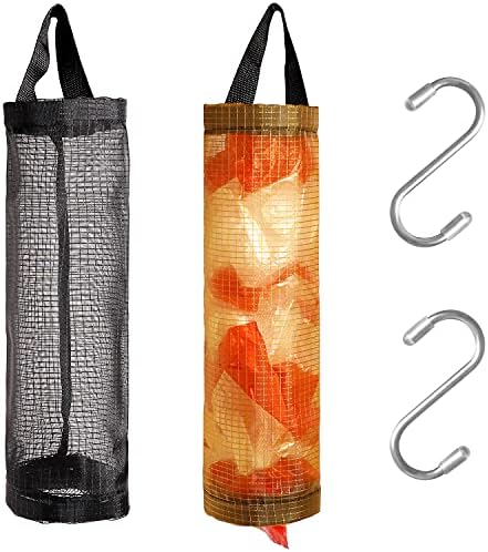 Plastic Bag Holder 2Pcs, Hanging Mesh Garbage Bags with 2 Hooks, Folding Garbage Bag Organizer, Household Recycling Storage Dispensers for Home and Kitchen (Black+Yellow)