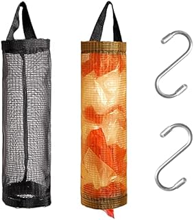 Plastic Bag Holder 2Pcs, Hanging Mesh Garbage Bags with 2 Hooks, Folding Garbage Bag Organizer, Household Recycling Storage Dispensers for Home and Kitchen (Black+Yellow)