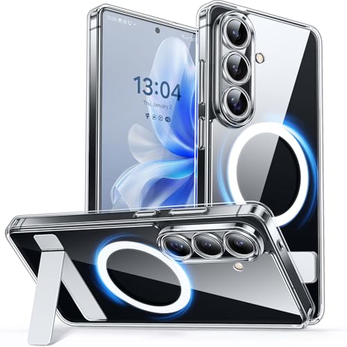 Image of CANSHN Designed for Samsung Galaxy S26 Plus Case (6.7 inch) with Durable Metal Stand, Upgraded [Full Camera Protection] Transparent Back, Hard Case Cover, Clear