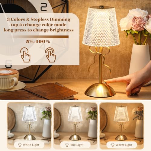 Image of Liliful 2 Pcs Cordless Table Lamp Rechargeable Touch LED Small Gold Portable Battery Operated USB-c Desk Lamp 3 Color Dimmable for Bedroom Living Room Dining (Gold,Crystal Cut Style Bow)