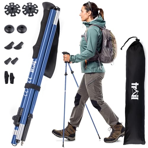 Trail Folding Walking Poles 2 Pack – Lightweight Aluminium Trekking & Hiking Sticks, Adjustable Fliplock Design, Tungsten Tips with Mud, Snow, Rubber & Boot Attachments for All Terrains, 120–135cm