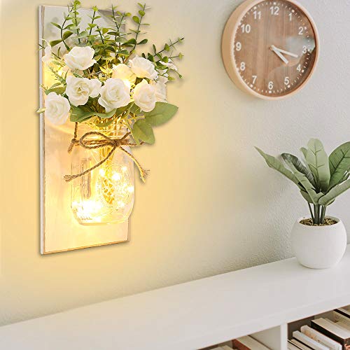 Rustic Wall Sconces Mason Jar Lights Handmade Wall Art Hanging Design With Remote Timer Led Fairy Lights And White Rose, Farmhouse Kitchen Decorations Wall Decor Living Room Sconces (Set Of Two) #TOP1