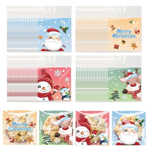100pcs Christmas Cookie Treat Candy Bags Self Adhesive Plastic Xmas Cellophane Bags for Party Favors