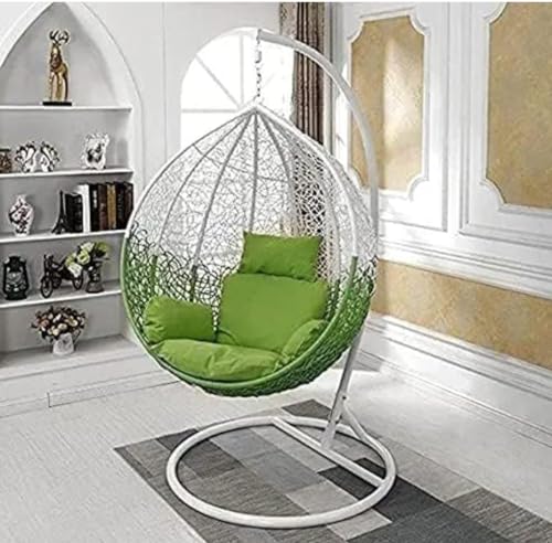 Image of City Outdoor Furniture Single Seater Swing Chair with Stand and Cushion Hammock Swing for Adult Outdoor Indoor Garden Living Room Balcony Hanging Chair (Green & White)