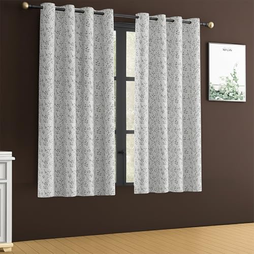 Image of Yellow Weaves 1 Pc Jacquard Leaf Eyelet Window Curtain - Perfect for Home, Office, Bedroom, Living Room & Balcony - 5 Feet (Silver)