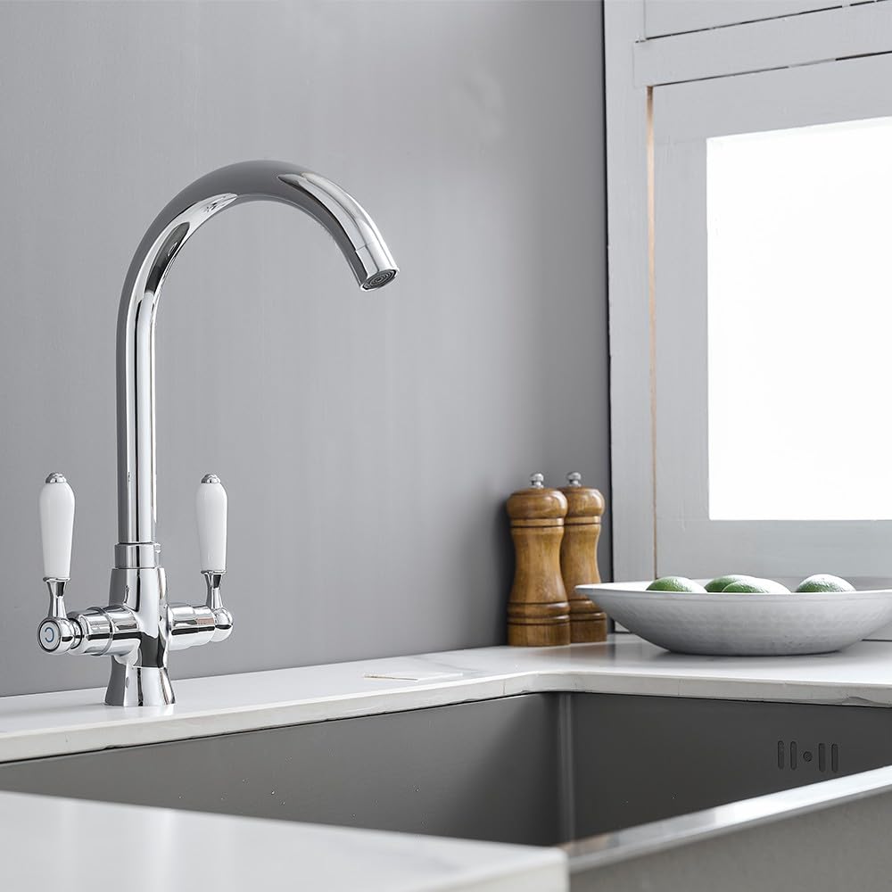 Grifo mezclador cromado para fregadero de cocina con doble palanca de cerámica blanca, estilo victoriano, grifo de cocina monobloc, 1 agujero, elegante grifo giratorio mono tradicional para