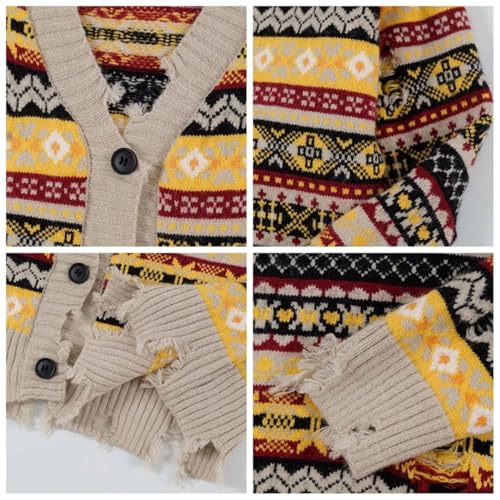 Men Rainbow Striped Knit Cardigan Raw Edge Oversized Vintage Y2K Style Casual Streetwear Sweater4