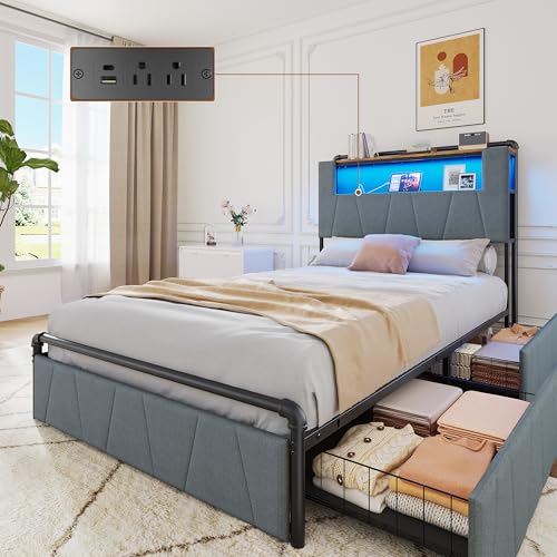 Image of Twin Bed Frame with 2 Storage Drawers, Upholstered Headboard with Charging Station & LED Lights, Metal Platform Bed Frame Twin Size, Noise Free, No Box Spring Needed, Easy Assembly, Grey