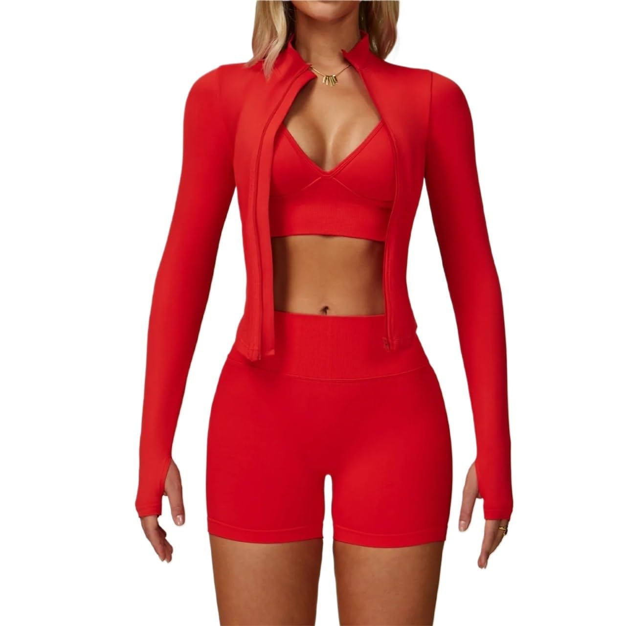 Donna Set di Abbigliamento Yoga Set da yoga senza cuciture for abbigliamento sportivo 2/3 pezzi, palestra a maniche lunghe donna, completo di sport fitness(Big Red Set-5,XL)