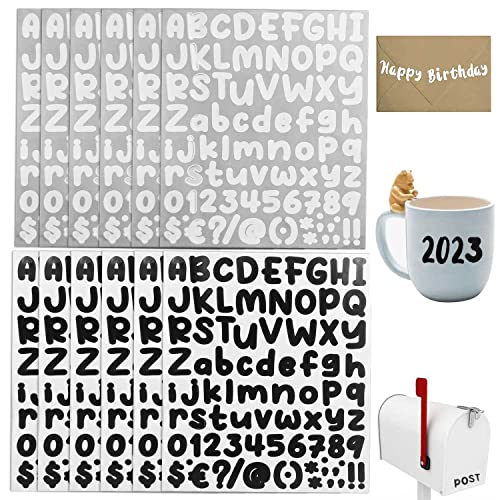 SJUNJIE 972 Stück 12 Blätter Buchstaben Aufkleber Selbstklebend Vinyl Buchstabe Sticker Klebebuchstaben Zahlen Wetterfest für DIY Scrapbooking Schild Tür Geschäft Adressnummer (Weiß, Schwarz) Cover