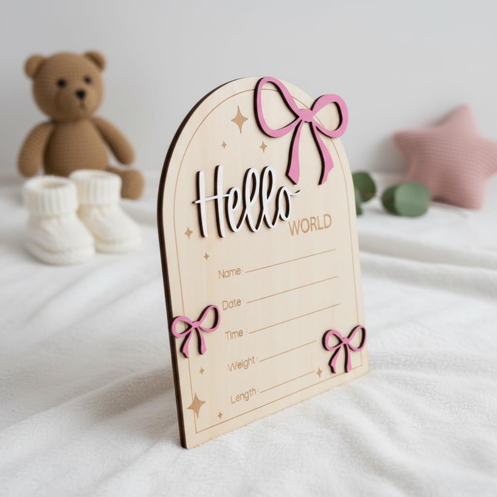 Hello World Baby Birth Stats Sign Wooden Keepsake with Pink Bow, Newborn Photo Prop, Nursery Decor, Baby Shower (Pink)