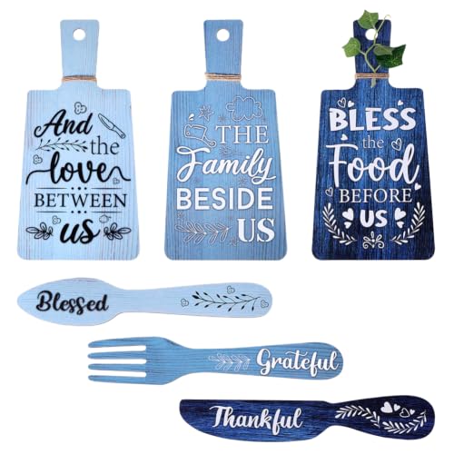 PH PandaHall 6pcs Kitchen Wall Decor Bless Food Sign Set Wall Table Accessories Wooden Pendant Decorations Mini Plaque Fork Spoon Shape Sign Rustic Style Home Dector Blue, 11x5.5 inch/11.8x2 inch