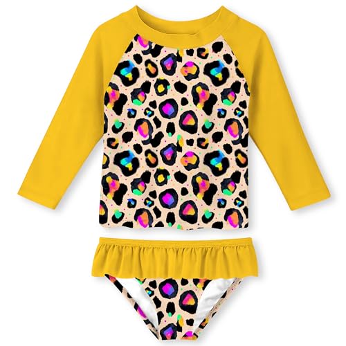 Image of Funnycokid Girls Swimsuit Toddler Bathing Suit Long Sleeve 2 Piece Rash Guard Set for Kids 2-10 Years