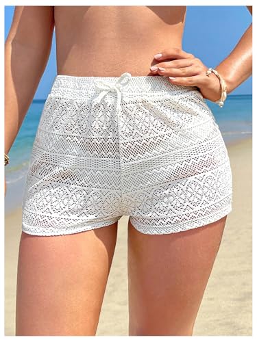 SweatyRocks Girl's Hollow Out Swimsuit Coverup Shorts Drawstring Waist Beach Shorts4