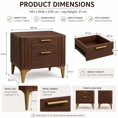 Image of Solid Sheesham Wood Bedside Table for Bedroom & Livingroom | Nightstand End Table with 2 Drawers Storage for Home | Modern & Luxury Design| (Walnut Finish 1)