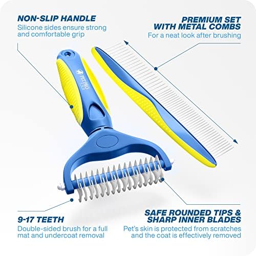 PETPROVED Dematting Comb for Dogs Cats Dog Grooming Brush Undercoat Rake Dog Deshedding Tool for Dogs Cats pet Grooming Brush Dog Undercoat Rake Cat Matted Fur Remover Detangler Brush