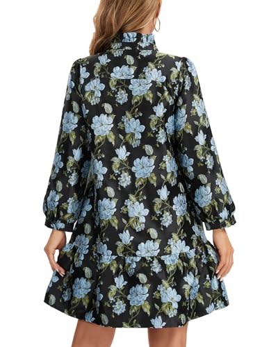 Women Jacquard Mini Dress Long Sleeve Ruffle V Neck Tiered Tunic Shift Floral Party Short Dresses2