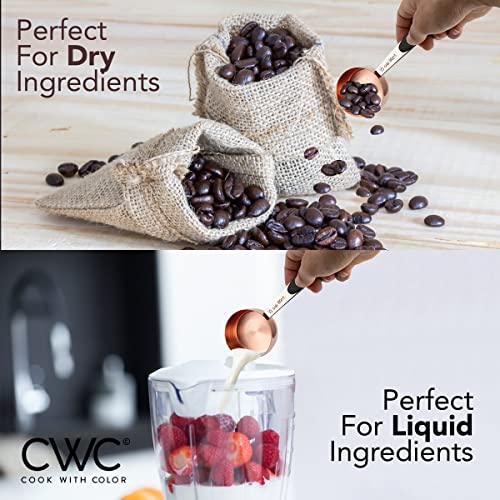 Cook With Color 8 Piece Copper Measuring Cups And Measuring Spoon Set Stainless Steel With Soft Touch Silicone Handles, Nesting Liquid Measuring Cup Set Or Dry Measuring Cups Set (Black) #TOP4