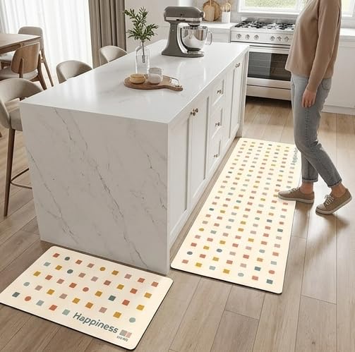Image of HomeCloud Rubber Kitchen Mats for Floor Set of 2 Pcs|Non-Skid, Soft Absorbent Rugs for Kitchen, Laundry, and Hallway|120x40cm, 40x60cm| 4mm Thickness (Happiness Cream)