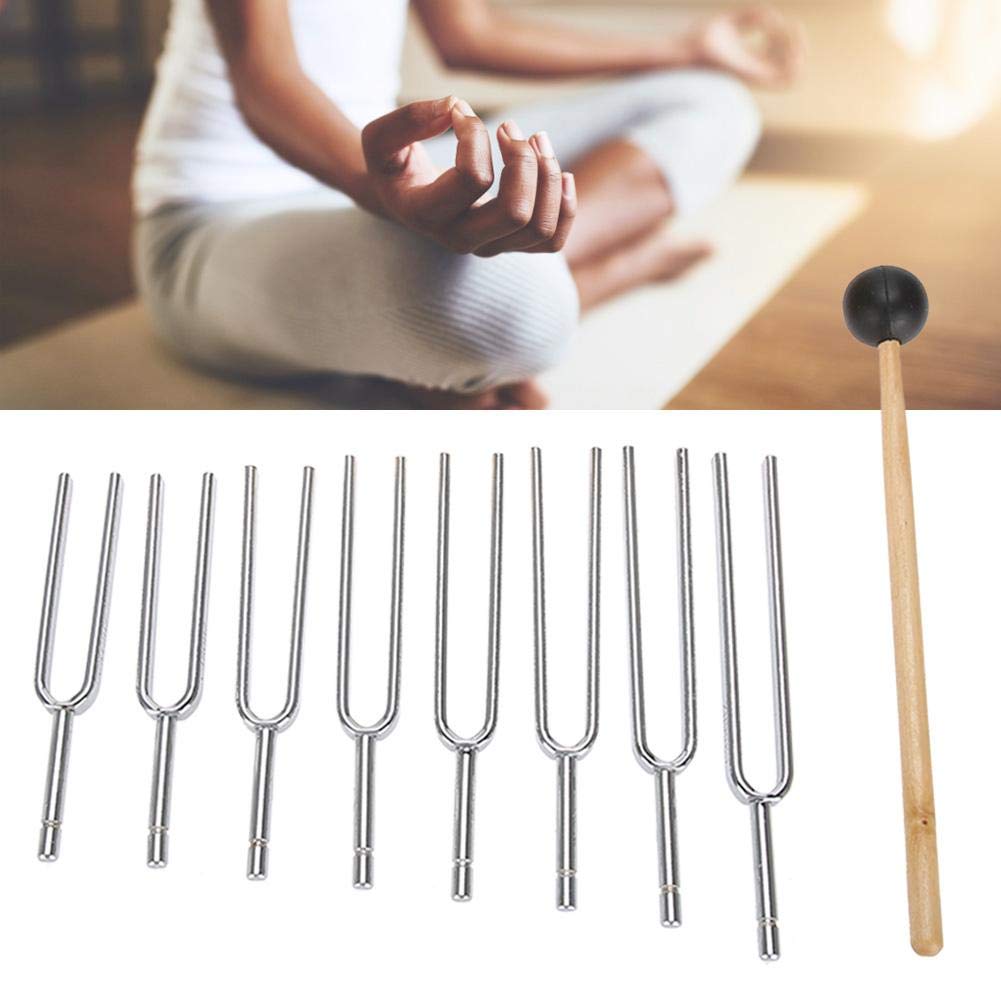 8PCS Steel Tuning Fork Set with Hammer and Wooden Outer Packaging,Health Therapy Tool Set, 256Hz, 288Hz, 320Hz, 341Hz, 384Hz, 426Hz, 480 Hz, 512Hz