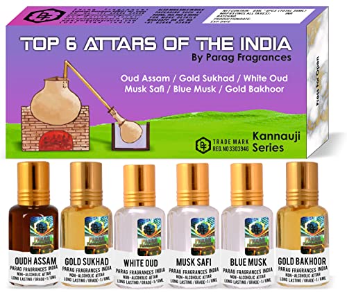 Parag fragrances Top Attars Collection Of India/Alcohol Free Attar Gift Pack (Top 6 Attars Of India, Oudh,White Oud,Musk Safi, Unisex Adult, Liquid)