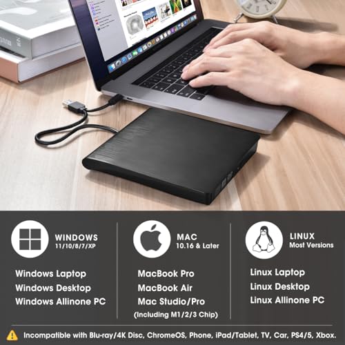 image for ROOFULL True USB 3.0 External CD DVD Drive for Laptop, USB-C Portable 