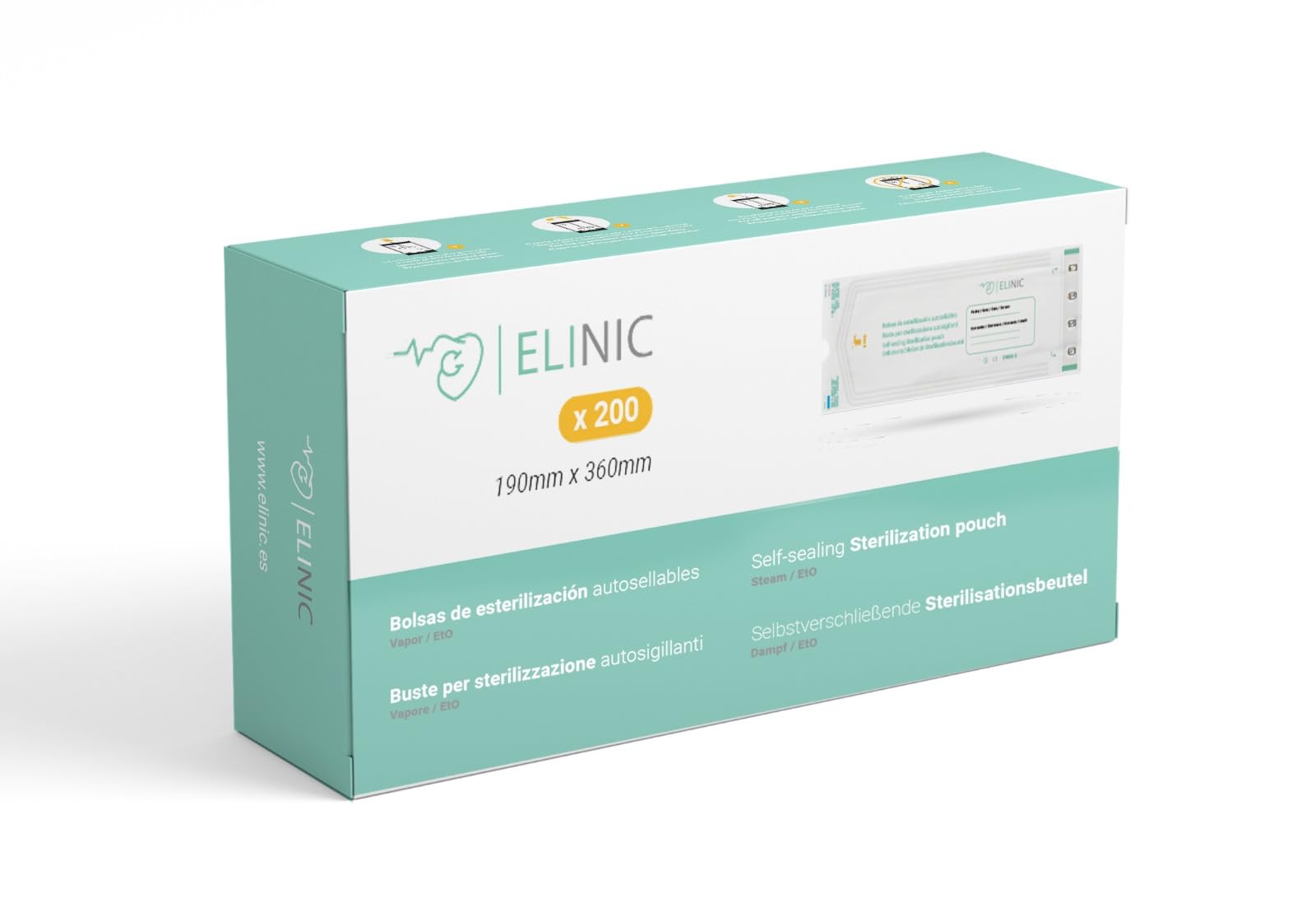 Lot de 200 sacs auto-adhésifs pour stérilisation à la vapeur et EtO (190 x 360 mm)